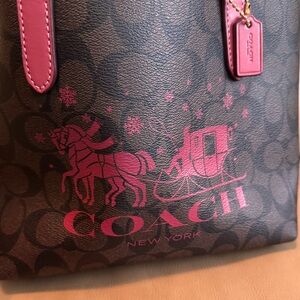 Coach Mini City Tote in Signature Canvas with Horse and Sleigh. Gold/Brown/Rouge